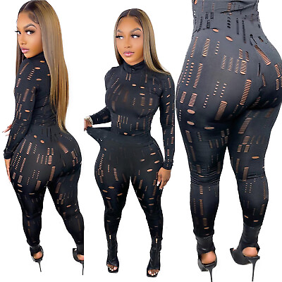 #ad Sexy Women#x27;s Hollow Out Perspective Long Sleeves Patchwork Club Jumpsuit 2pcs $37.16
