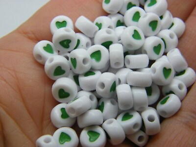 #ad 100 heart beads white green acrylic AB262 SALE 50% OFF $3.00