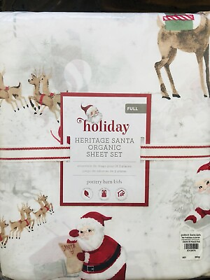 #ad Pottery Barn Kids Santa Full Sheet Set Christmas Heritage Organic COTTON Merry $149.95