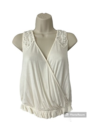 #ad American Eagle Outfitters Womens Ivory Lace Sleeveless Ruffle Top Size M M $18.00