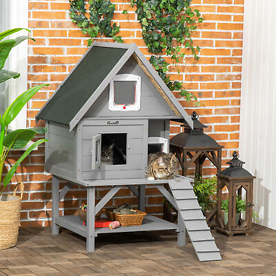 PawHut Outdoor Cat House 3 Story Feral Cat House W Terrace Escape Doors $149.99