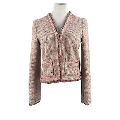 #ad Pink Herringbone Tweed Fringe Jacket Blazer Old Navy Size Medium $23.14