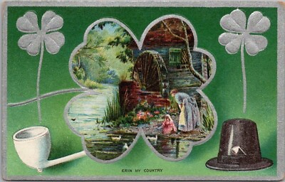#ad c1910s ST. PATRICK#x27;S DAY Postcard quot;ERIN MY COUNTRYquot; Water Mill Scene AMP Co. $7.00