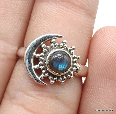 #ad Natural Labradorite 925 Solid Sterling Silver Half Moon Ring All Size Available $15.99