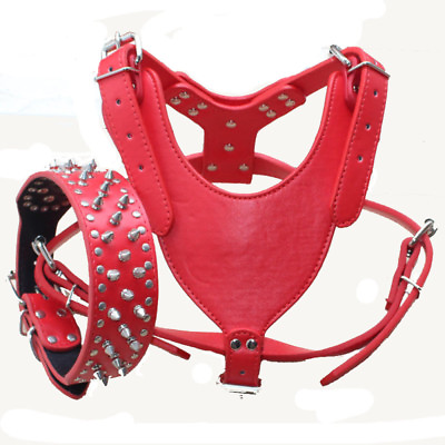 #ad Leather Medium amp; Large Dog Harness Spikes Studs Dog Collar Set Pit Bull Mastiff $46.99