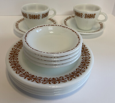 #ad 12 Lot Pyrex Corning COPPER FILIGREE 2 Cups Saucers 4 berry Bowls 4 Salad $38.95