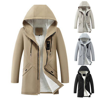 #ad Mens Winter Fleeced Padded Overcoat Mid Length Thicken Long Sleeve Hooded Jacket $48.19