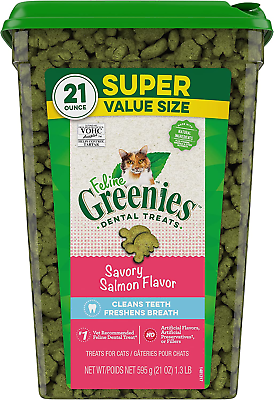 #ad FELINE GREENIES Natural Dental Care Cat Treats Savory Salmon Flavor 21 Oz. Tub $32.05
