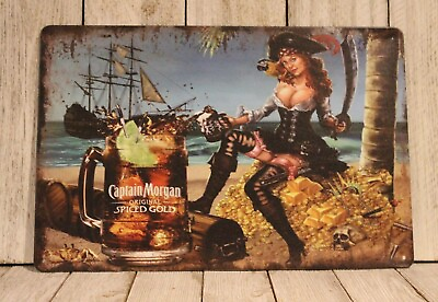 #ad Captain Morgan Tin Metal Sign Sexy Pinup Girl Pirate Spiced Rum Vintage Look Bar $11.97