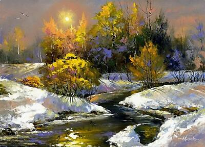 #ad Handmade A small river in winter Oil Painting on Canvas for Home Deco Modern Art $81.37