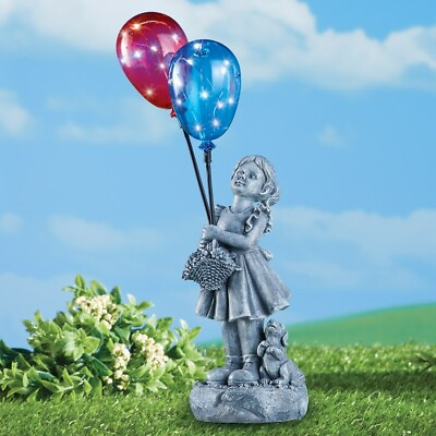 #ad Adorable Girl amp; Dog with Solar Powered Lighted Balloons Decorative Garden Statue $24.99