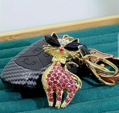 #ad Sassy Cat Keychain Hot Pink Rhinestone And Gold Kitty Cat Bling Charm Key Ring $18.99