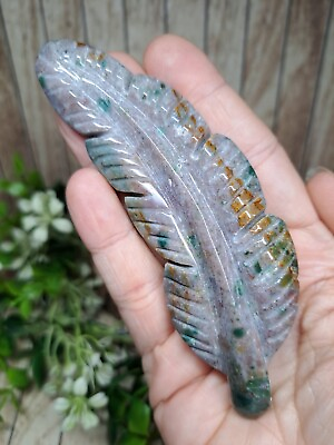 #ad Ocean Jasper Crystal Feather Carving 12cm Display Frame Hand Carved OJ Gift GBP 22.00