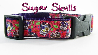#ad Sugar Skulls dog collar handmade adjustable buckle collar 1quot; wide or leash $17.00