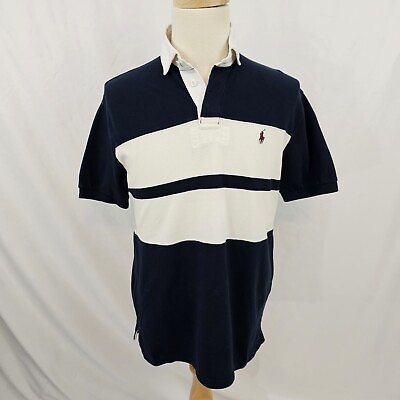#ad Polo Ralph Lauren Men#x27;s Rugby Shirt Striped Pony Logo Blue White Medium EUC $19.99