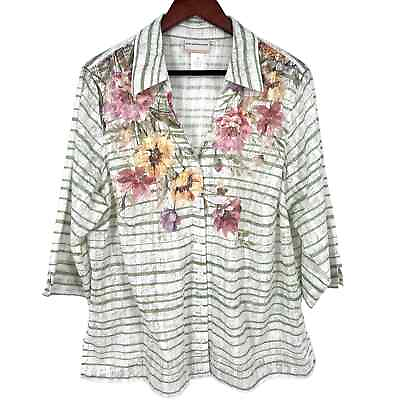 #ad Alfred Dunner Woman Plus Size 1X Sheer Floral Green Blouse Shirt Top Summer $29.80