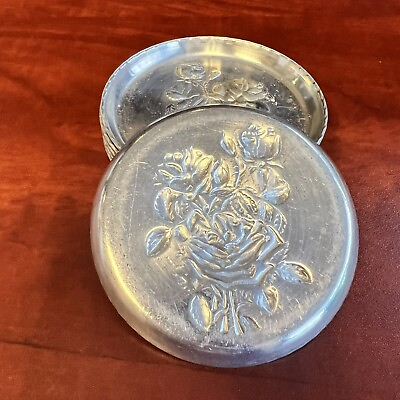 #ad Vintage Set of 8 Hammered Aluminum Coasters With Floral Pattern Mid Century c $15.99