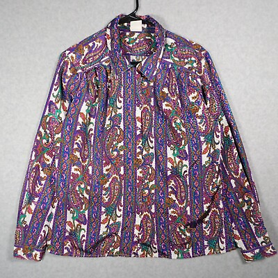 #ad Vintage Paisley Blouse Women 14 Pykettes Colorful Collar Pleated USA Made Purple $27.89