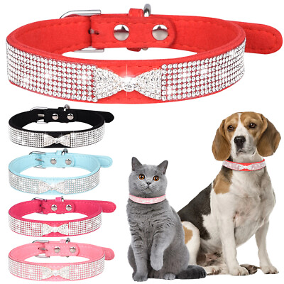 #ad Dogs Rhinestone Collar Leather Pet Bling Studded Necklace For Small Medium Dogs $7.64