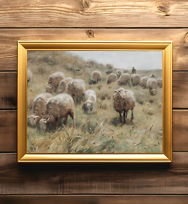#ad Sheep Painting Vintage Landscape Print English Farmhouse Cottagecore $9.95