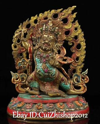 #ad 11quot; Tibet Turquoise Coral Bronze Buddhism Mahakala Wrathful Deity Buddha Statue $579.60