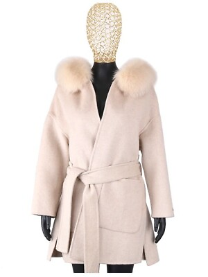 #ad Cashmere Wool Coat Real Fox Fur Collar Jacket Winter Long Casaco With Belt $254.52