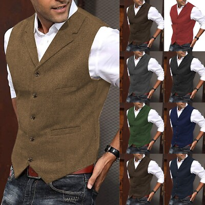 #ad Men Tweed Vest Vintage Western Cowboy Wool Herringbone Formal Vests Large XL XXL $29.99