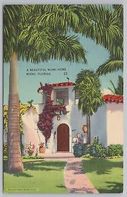 #ad Linen A Beautiful Home Among Royal Palms Miami Florida PM 1940 Vintage Postcard $2.70