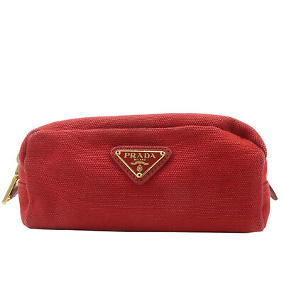 #ad Authentic PRADA Logo Canvas Leather Pouch Cosmetic Pouch Red Used F S $170.00