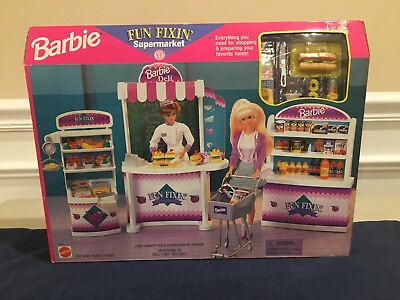 #ad 1997 Barbie Fun Fixin Supermarket with Miniature Name Brand Foods That Open $107.00