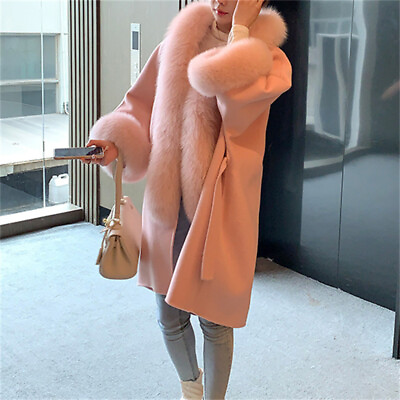 #ad New Winter Long Pink Double Sided WOOL Fox Fur Cloak Cashmere Coat Coat Women Sz $232.23
