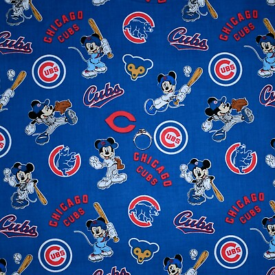 #ad BonEFul Cotton Quilt Blue Red White Chicago Cubs Disney Baseball Flag FL 1 SCRAP $2.49