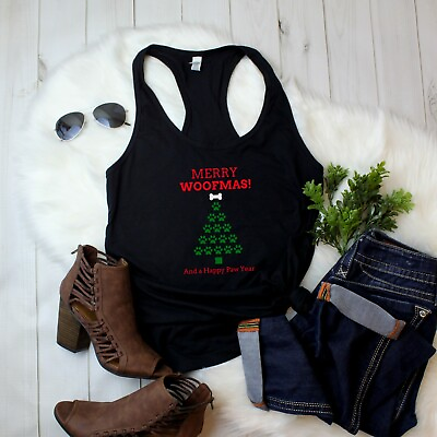 Womens Tank Top Merry Woofmas And A Happy Paw Year Shirt Animal Lover Christmas $14.49