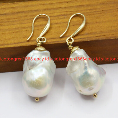 #ad REAL HUGE AAA SOUTH SEA NATURAL WHITE BAROQUE PEARL GOLD DANGLE EARRINGS $11.50