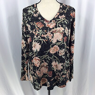 #ad Well Worn Womens Medium Top Floral V Neck Long Sleeve Black Pink Stretch $19.99