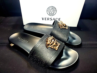 #ad Men#x27;s Black Gold Versace Medusa Palazzo Sandals Slides Flip Flops $219.99