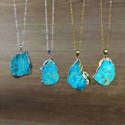 #ad Natural Raw Turquoise Stone Blue Gemstone Pendant Necklace Amulet Handmade $11.99