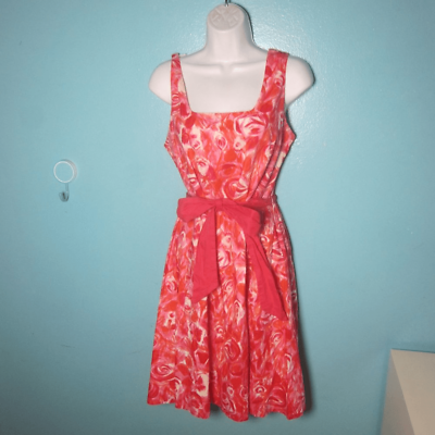 #ad Garnet Hill Cotton Tank Dress Womens Size 12 Orange amp; Pink Midi Length Side Zip $55.00