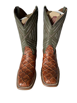#ad Nocona Boots Mens Newt Cognac Square Toe Cowboy Pirarucu Exotic Print Size 7 $139.65