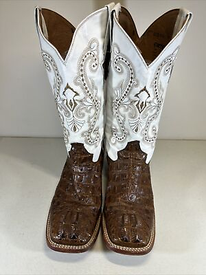 #ad Ferrini Womens White Brown Leather Exotic Print Cowboy Western Boots Size: 9 1 2 $49.94