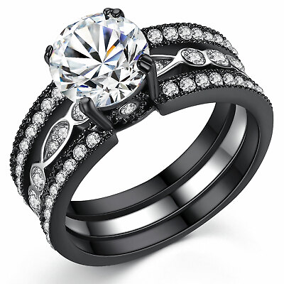 #ad Women#x27;s 2.18 Ct Black Stainless Round CZ Bridal Engagement Wedding Ring Set $22.49