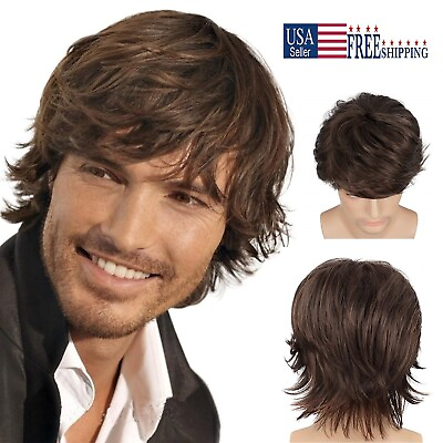 #ad Thin Part Wig Human Hair Mens Wig Brown Short Layered Natural Wave Synthetic USA $11.17