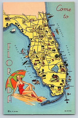 #ad Postcard quot;Come To Floridaquot; Florida Map Tropical Florida Series Unposted Linen $5.00