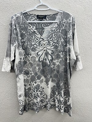 #ad Womens Style amp; Co Shirt Plus Size 1X Gray White Floral Half Sleeve $9.97