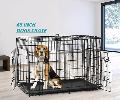 #ad 48 Inch Large Dog Cage Kennel Double Door Folding Metal Wire Crate Pet Animal We $108.34