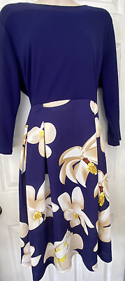 #ad Haute Edition Sz 1X Dress Royal BlueBeige Floral Design W ￼Packet￼ 3 4 Sleeve $16.07