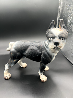 #ad Vintage Large 10.5quot; Cast Iron Black White Boston Terrier Boxer Dog Doorstop $85.00