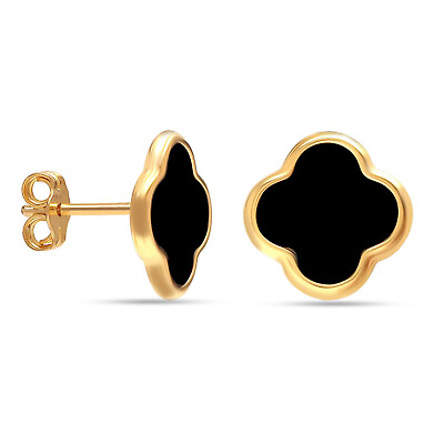 #ad 14K Gold Plated Black Mother of Pearl Clover Stud Earring for Women Teen 11 MM $20.99