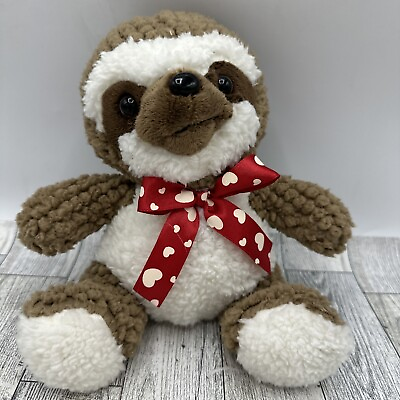 #ad Dan Dee Plush Brown Sloth Red White Hearts Ribbon Bow Stuffed Animal 8quot; $5.59