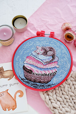 #ad DIY Cross stitch Embroidery Kit Sleeping Kitty stitching needlepoint $20.01